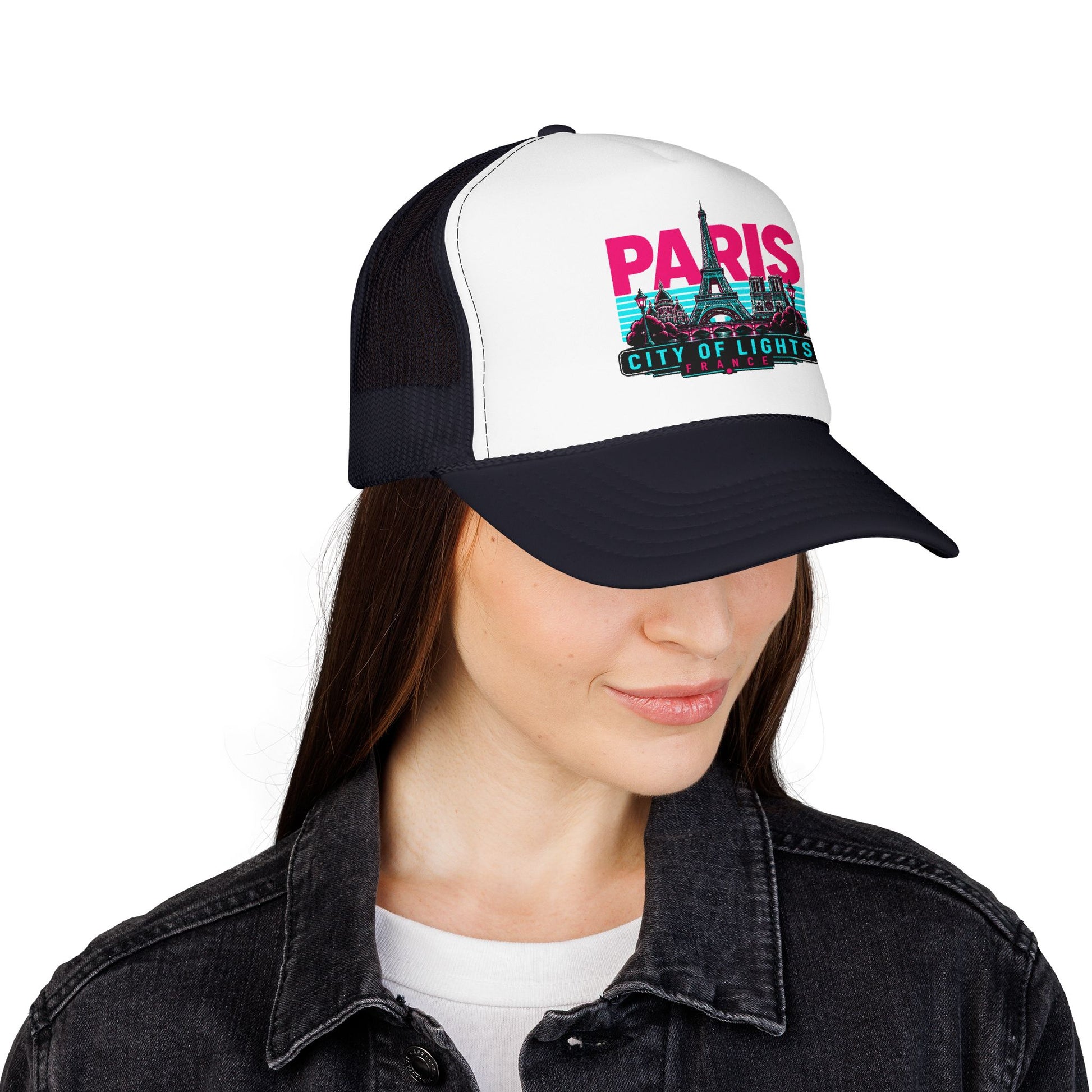 White front and black mesh trucker hat with “PARIS City of Lights” graphic on the front.