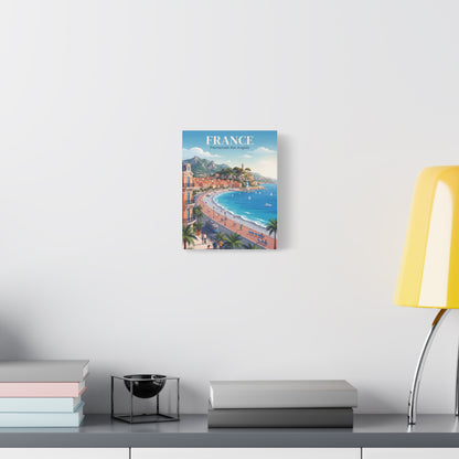 Small matte canvas wall art with "FRANCE" title and a coastal promenade scene in blue.