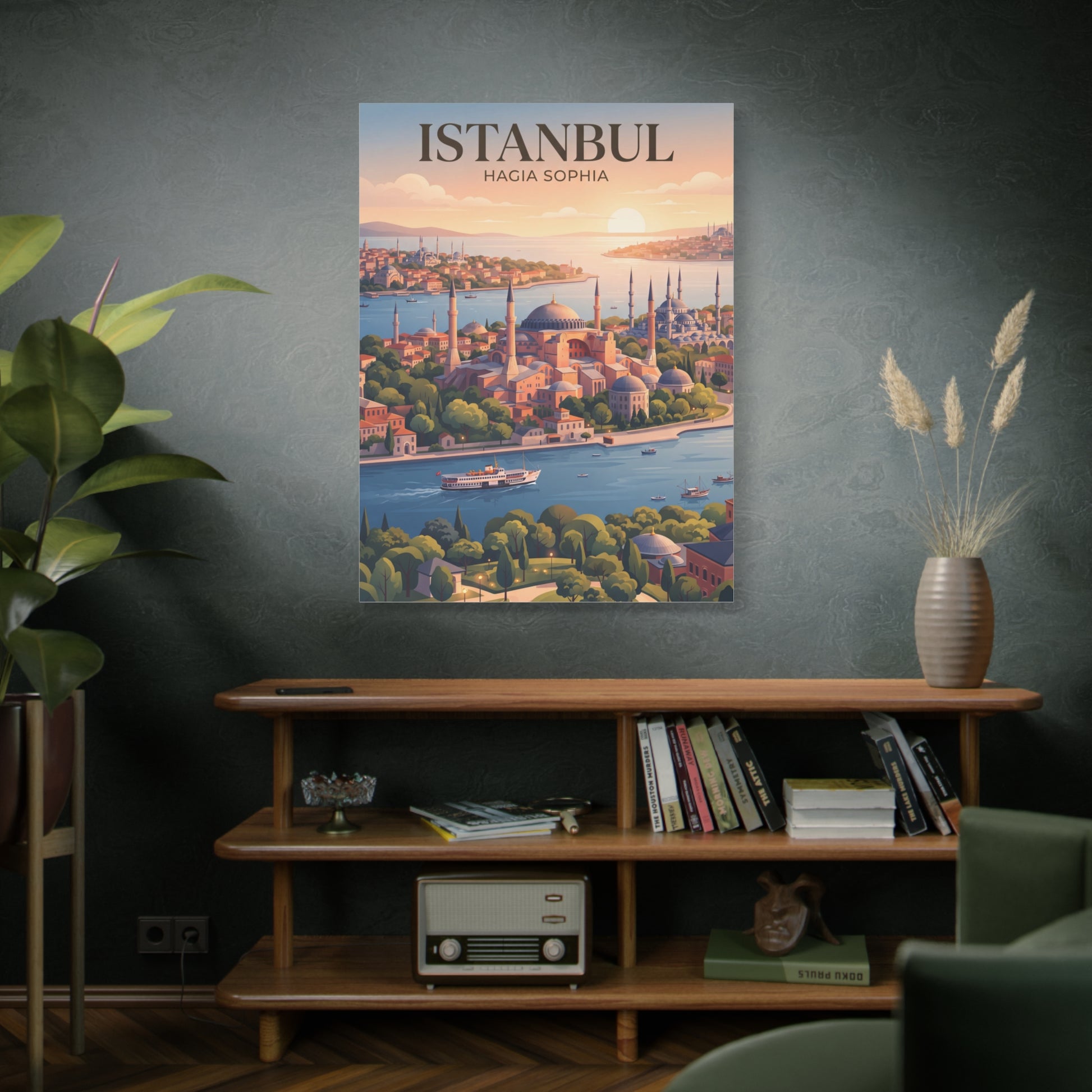 Small vertical matte canvas wall art showing Istanbul skyline and Hagia Sophia domes