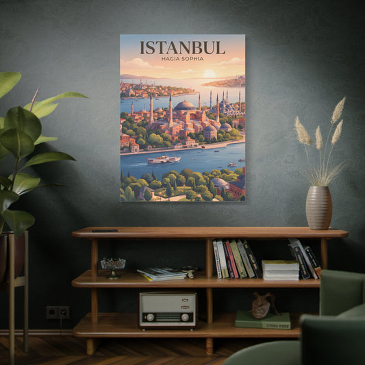 Small vertical matte canvas wall art showing Istanbul skyline and Hagia Sophia domes