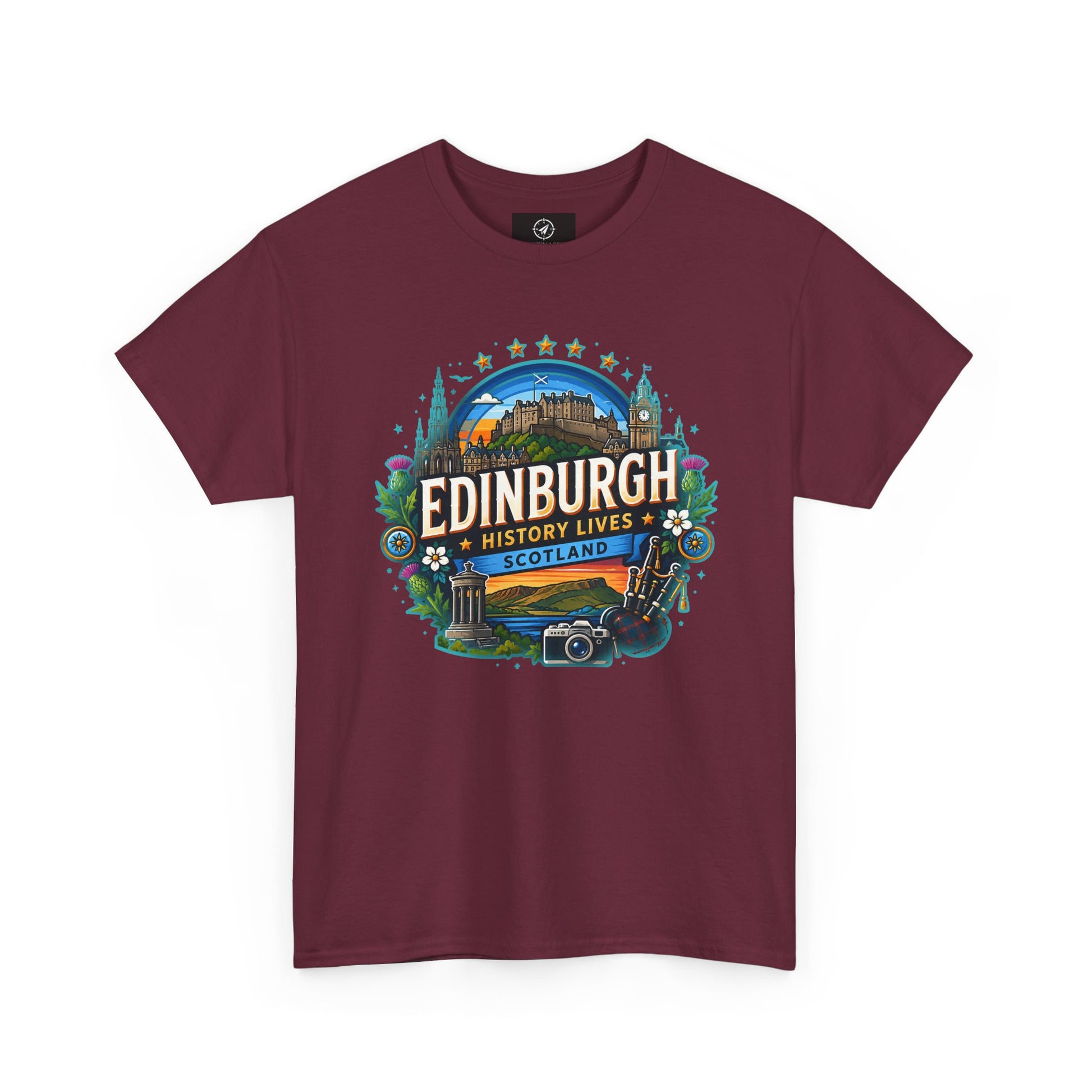 Maroon travel T-shirt with crew neck and colorful Edinburgh front graphic