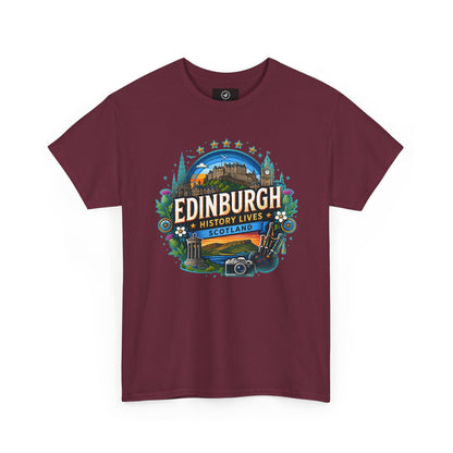 Maroon travel T-shirt with crew neck and colorful Edinburgh front graphic