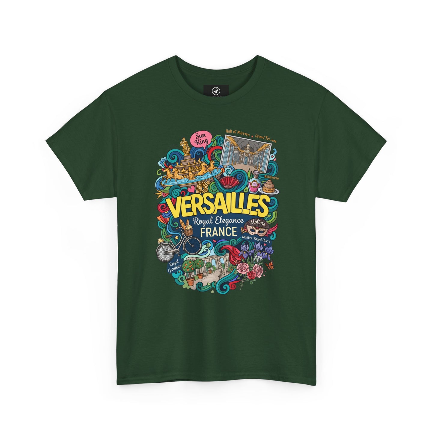 Military green crew-neck short-sleeve T-shirt with colorful Versailles France graphic.