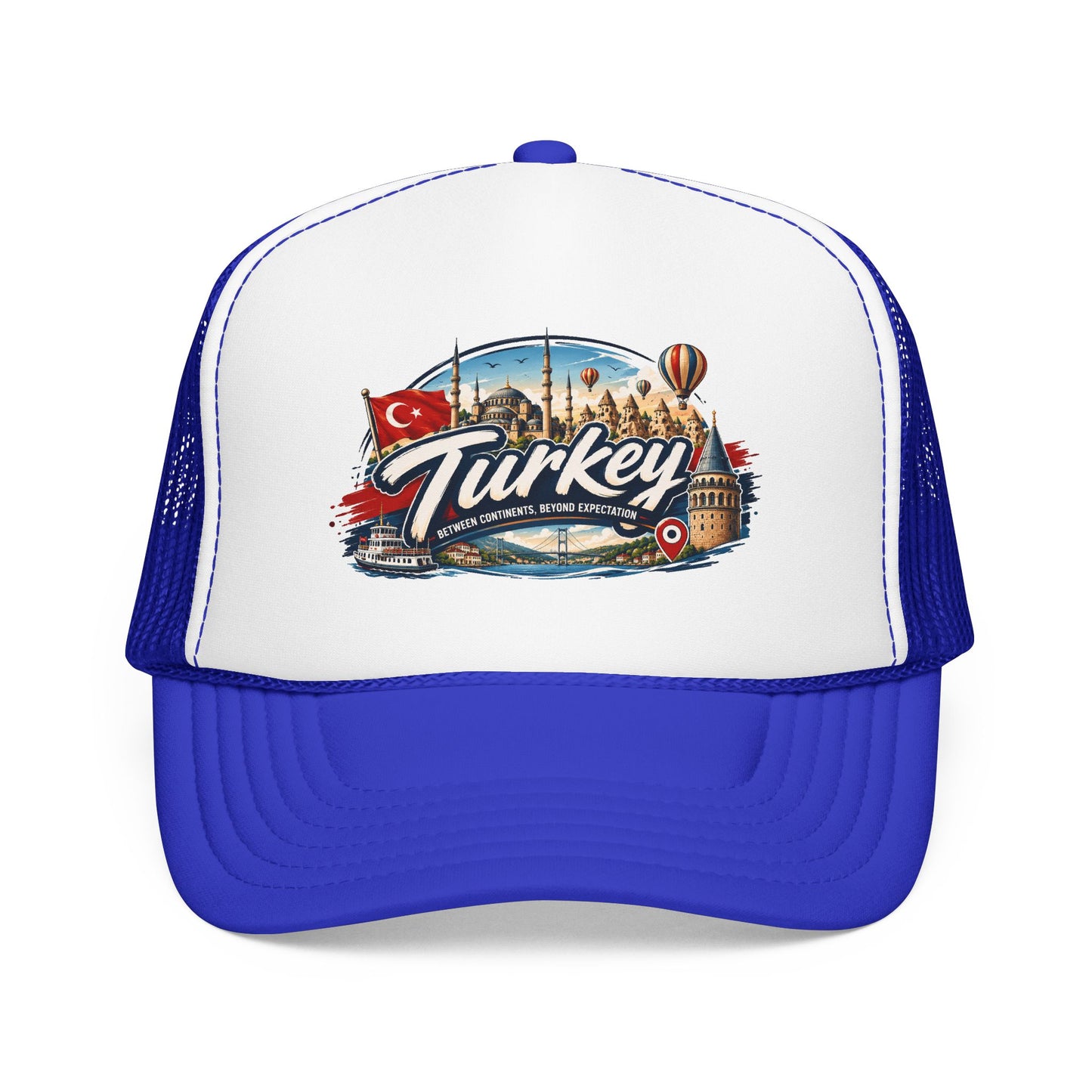 Blue and white trucker hat with mesh back and Turkey-themed front graphic