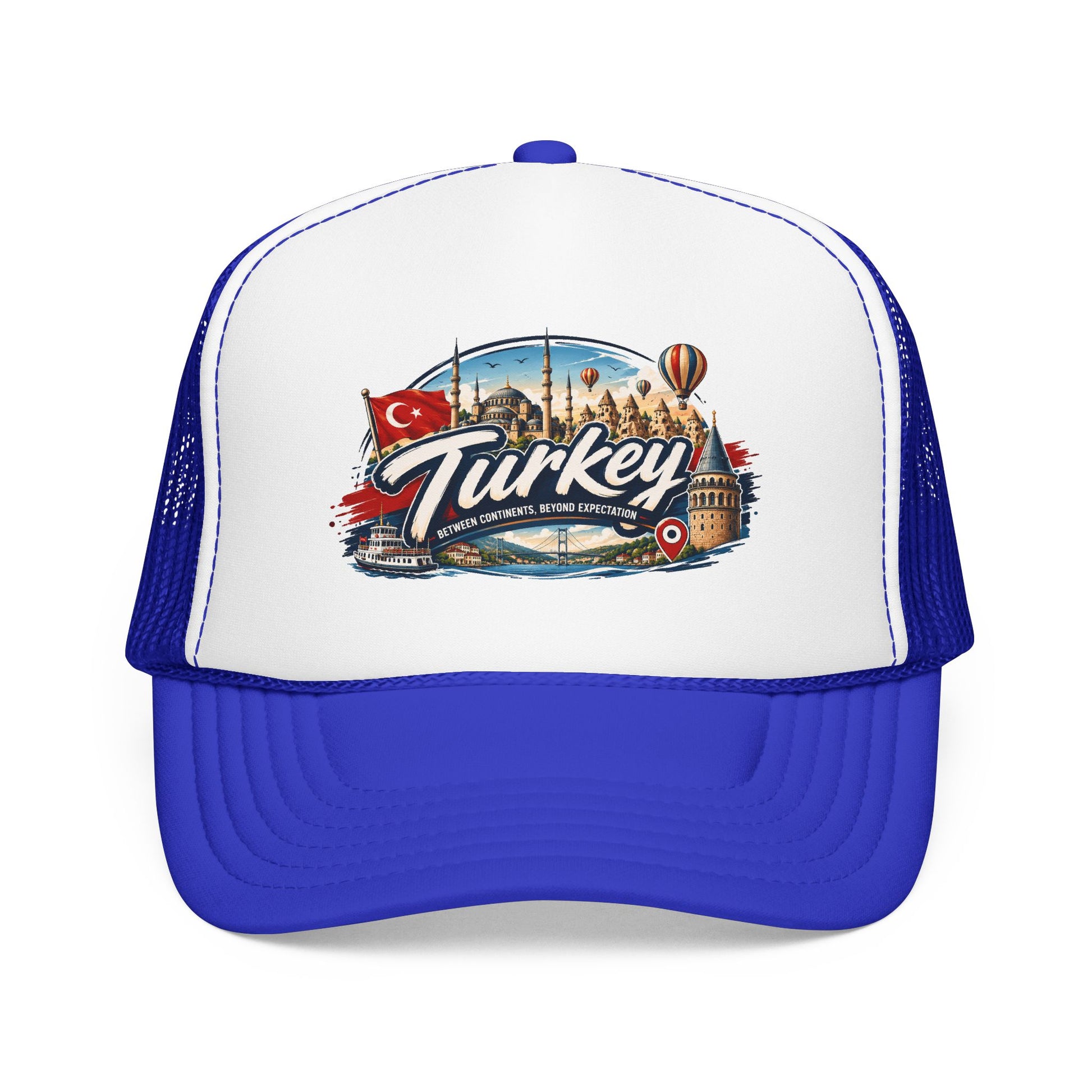 Blue and white trucker hat with mesh back and Turkey-themed front graphic
