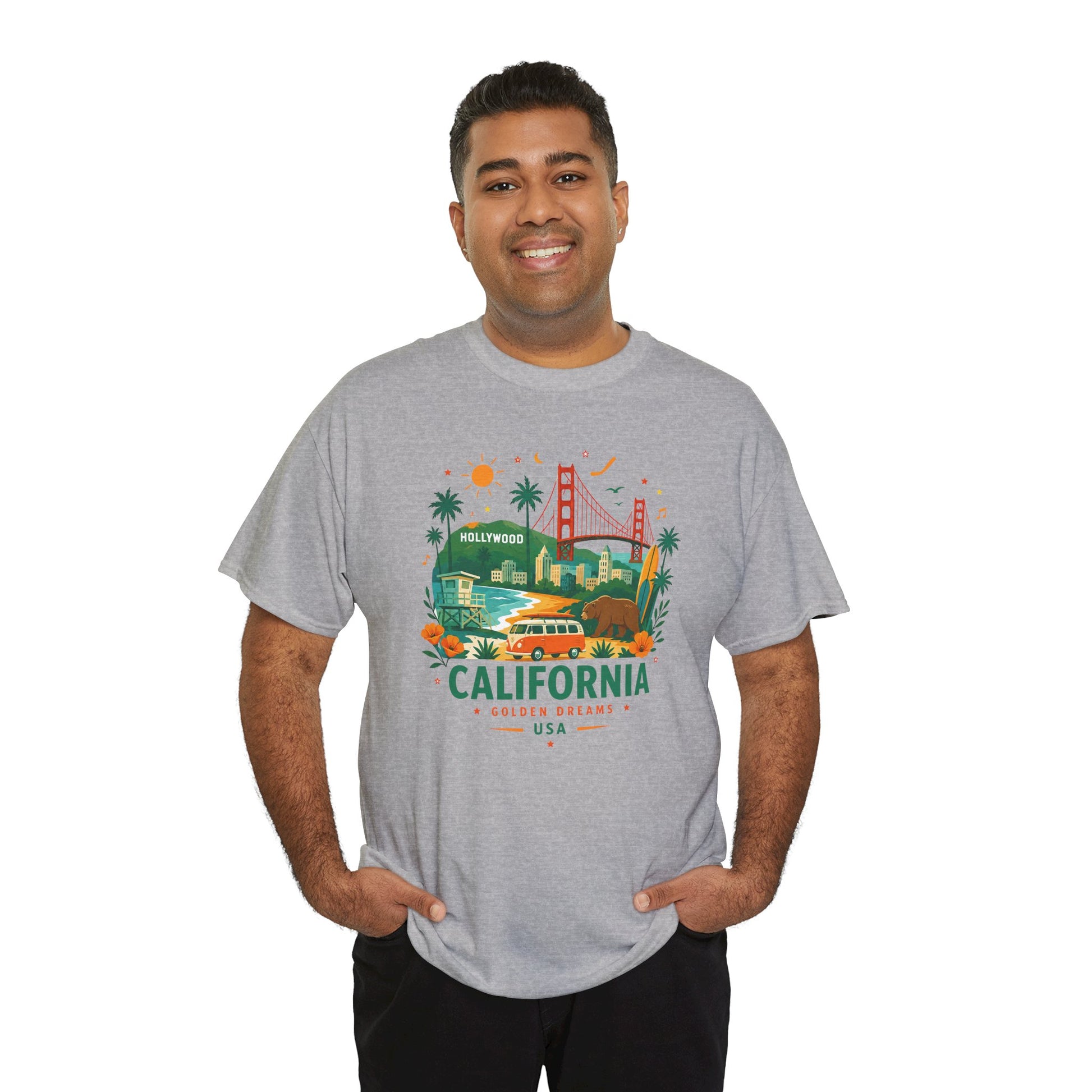 Heather gray T-shirt with colorful California graphic print on the chest