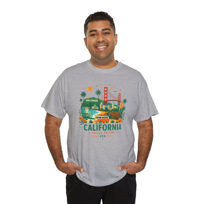 Heather gray T-shirt with colorful California graphic print on the chest