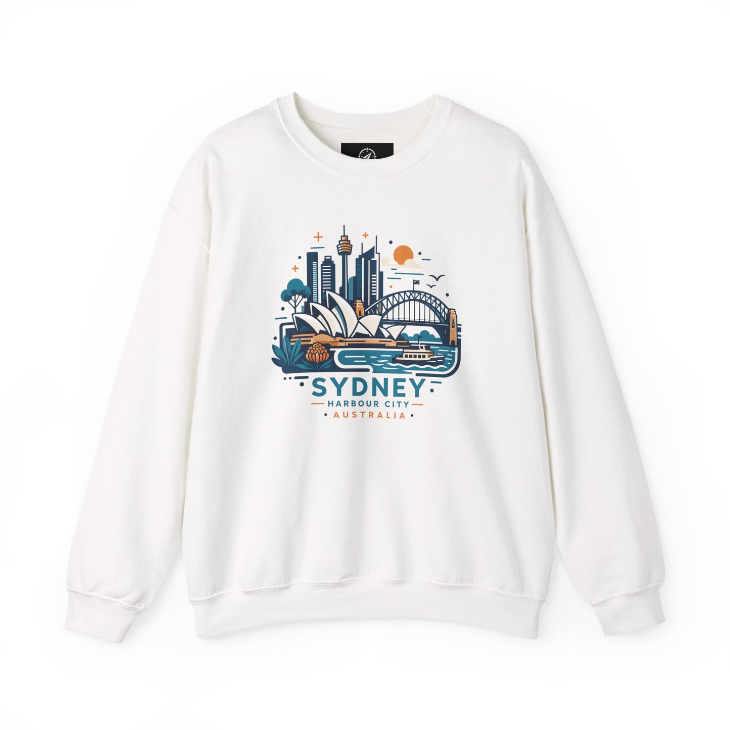 White crewneck sweatshirt with Sydney Harbor City logo-style graphic, front view