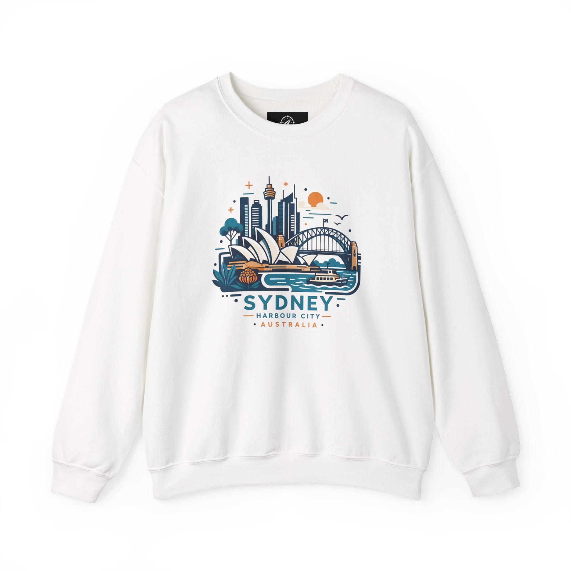 White crewneck sweatshirt with Sydney Harbor City logo-style graphic, front view