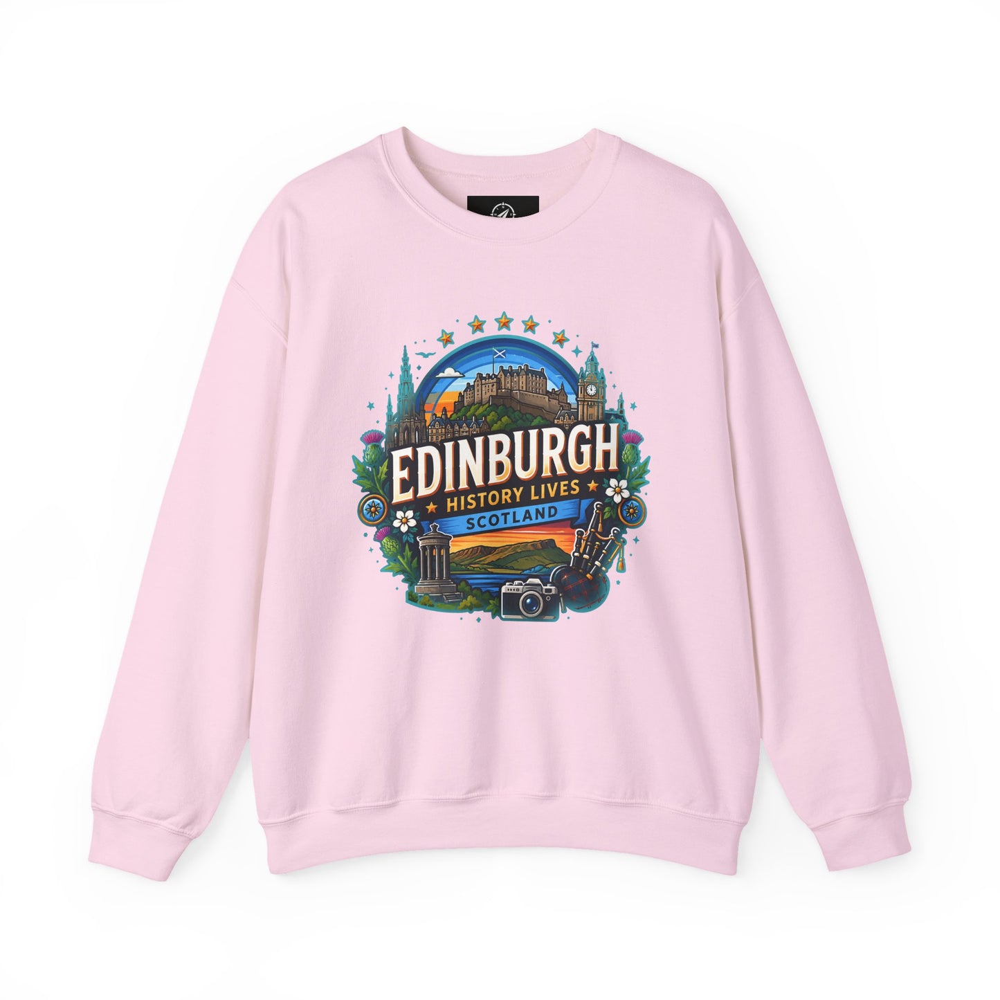 Light pink crewneck sweatshirt with front “Edinburgh” graphic print