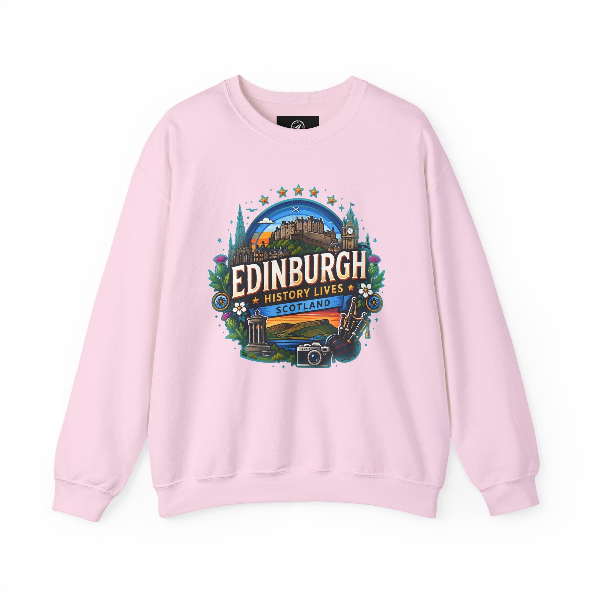 Light pink crewneck sweatshirt with front “Edinburgh” graphic print