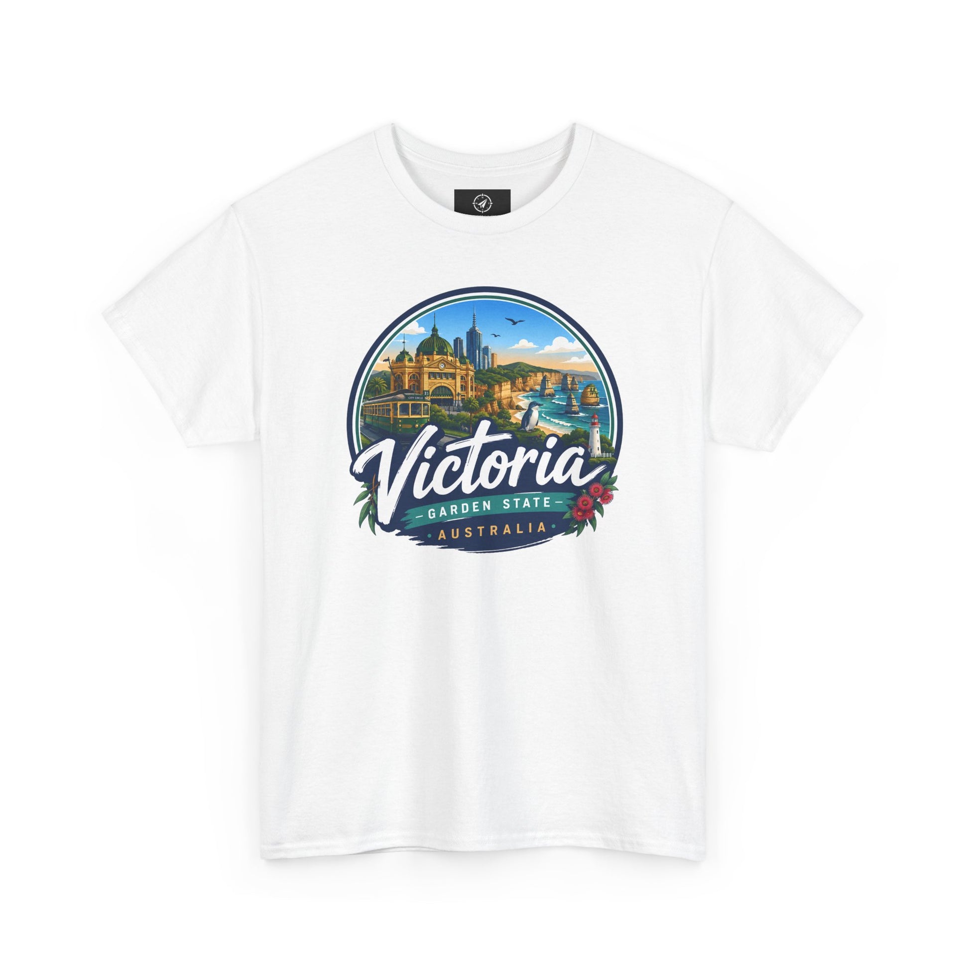 White travel tee with Victoria Australia front graphic print
