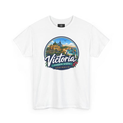 White travel tee with Victoria Australia front graphic print