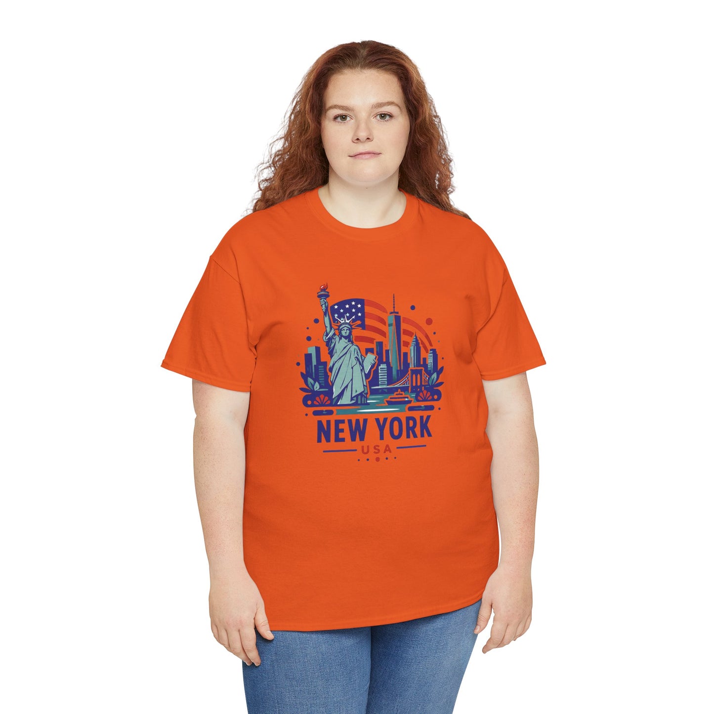 Orange T-shirt with front graphic of Statue of Liberty and New York USA