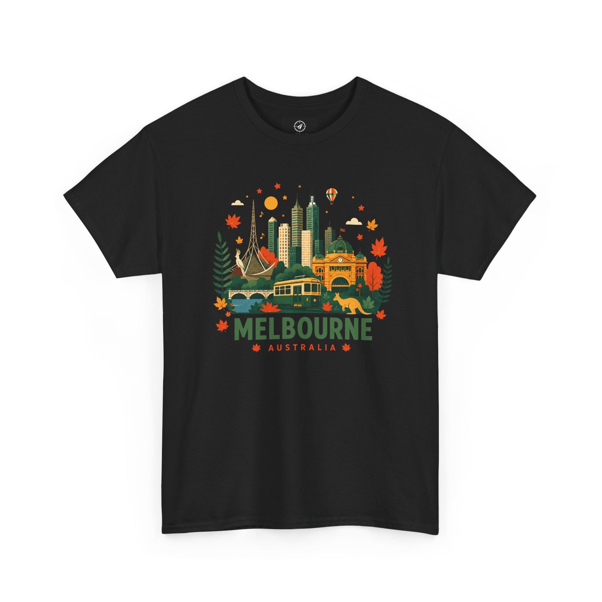 Black T-shirt with Melbourne skyline and colorful autumn front graphic