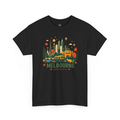 Black T-shirt with Melbourne skyline and colorful autumn front graphic