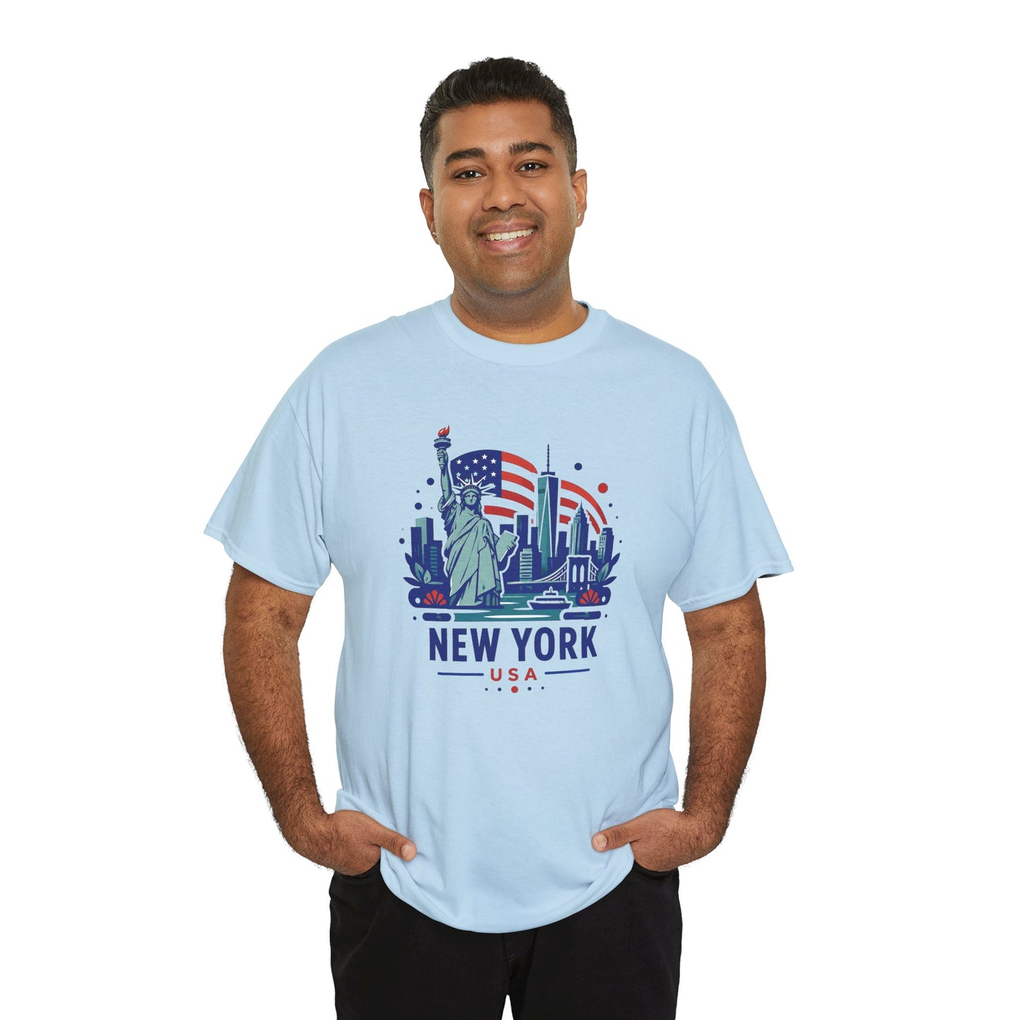 Light blue graphic T-shirt featuring Statue of Liberty with “NEW YORK USA” lettering