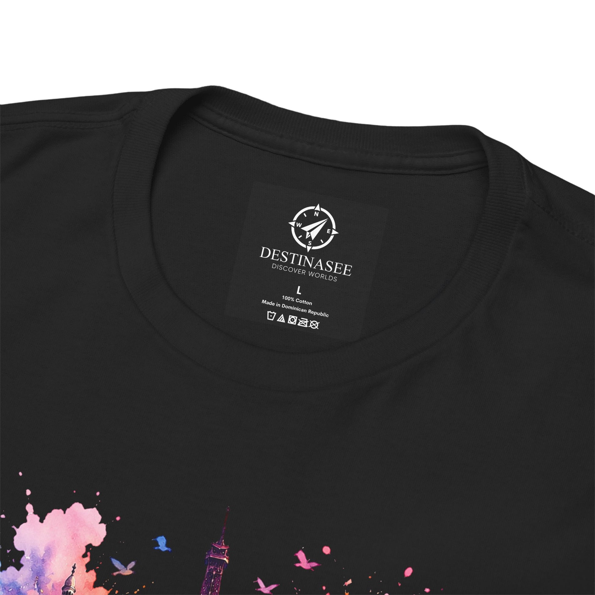 Black crew-neck T-shirt close-up of neckline label and Paris floral graphic