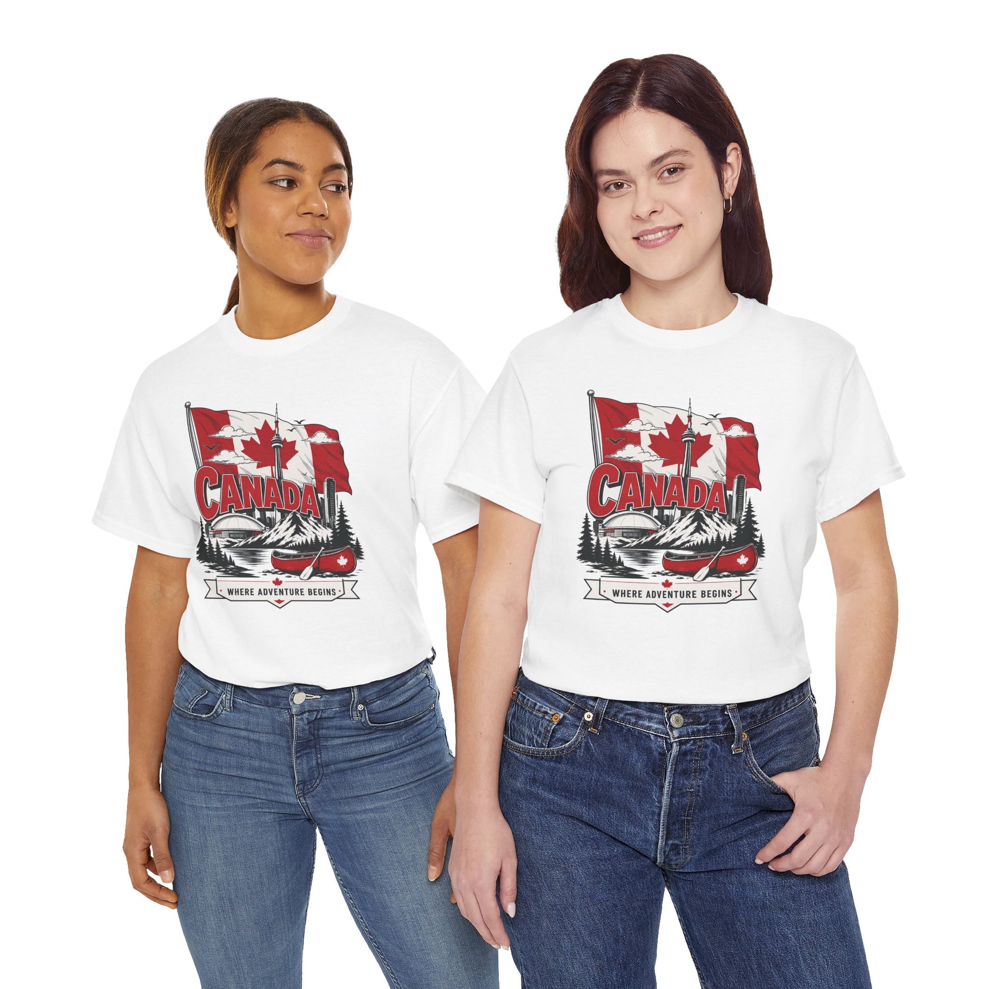 White crew-neck t-shirt with Canada flag logo graphic, worn by two people