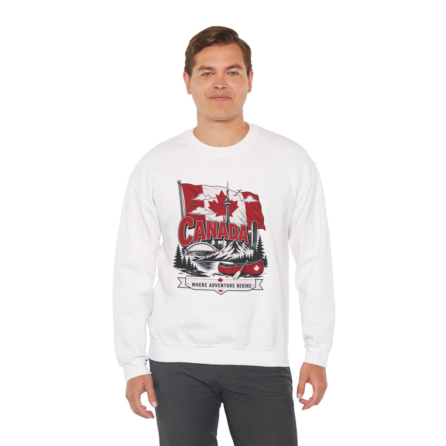 White crewneck sweatshirt with Canada flag and canoe graphic on the chest.