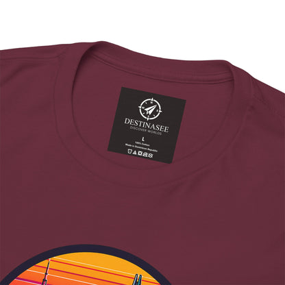 Maroon T-shirt with small neck label and partial colorful chest graphic