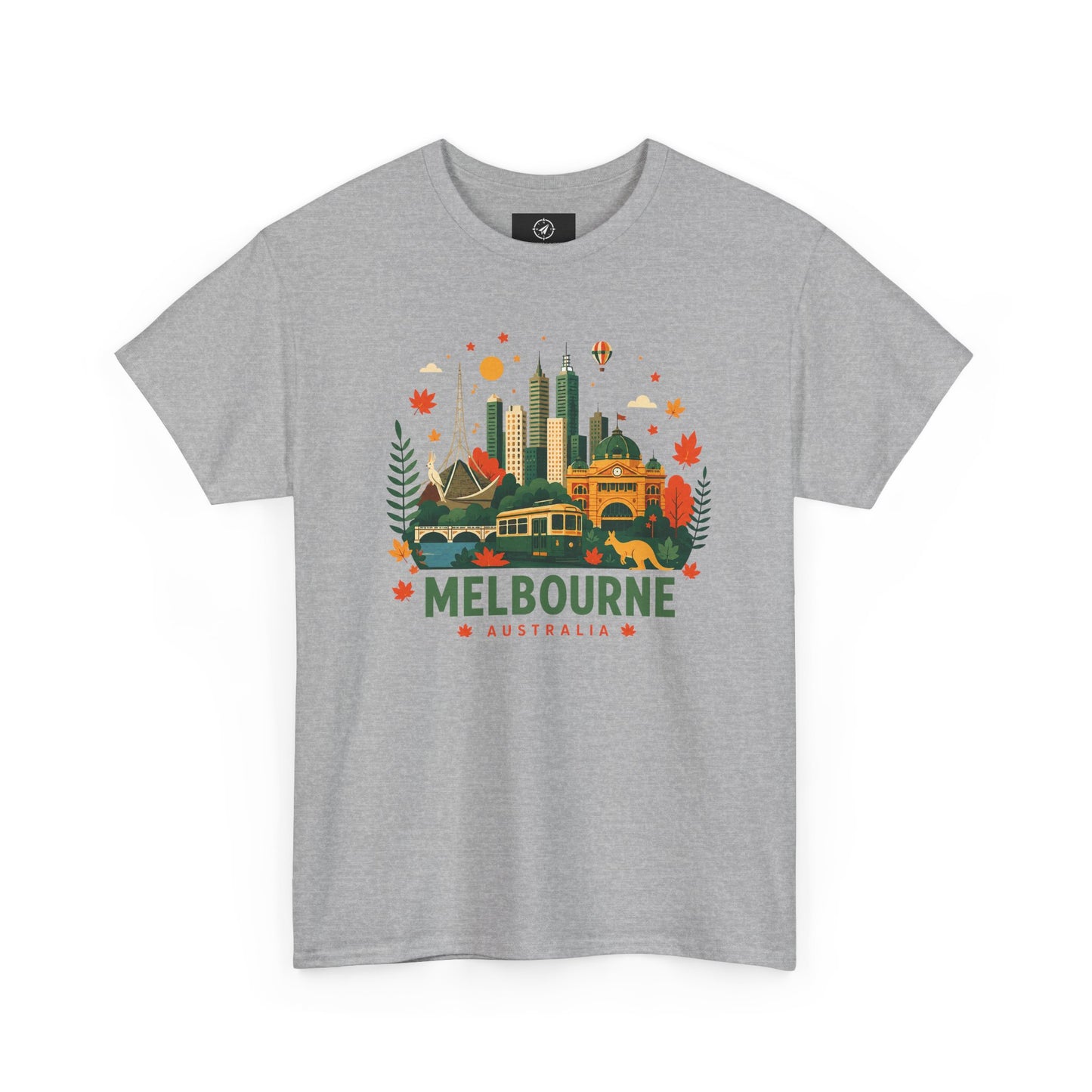Light gray T-shirt with Melbourne skyline and colorful autumn front graphic