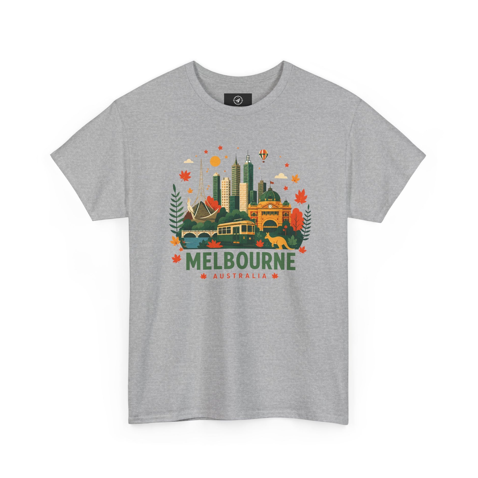 Light gray T-shirt with Melbourne skyline and colorful autumn front graphic