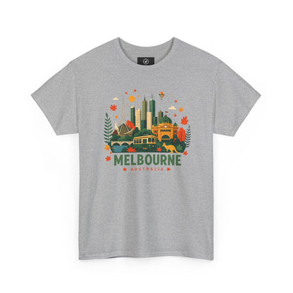 Light gray T-shirt with Melbourne skyline and colorful autumn front graphic