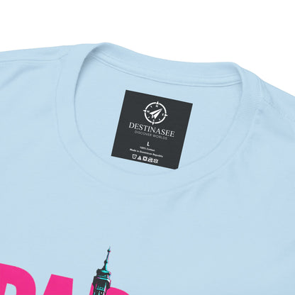 Light blue T-shirt close-up: neck label and Eiffel Tower graphic detail