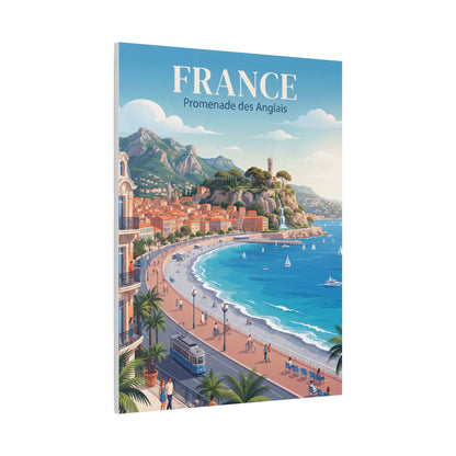 Vertical matte canvas wall art with "FRANCE" at top and a scenic beach promenade below.