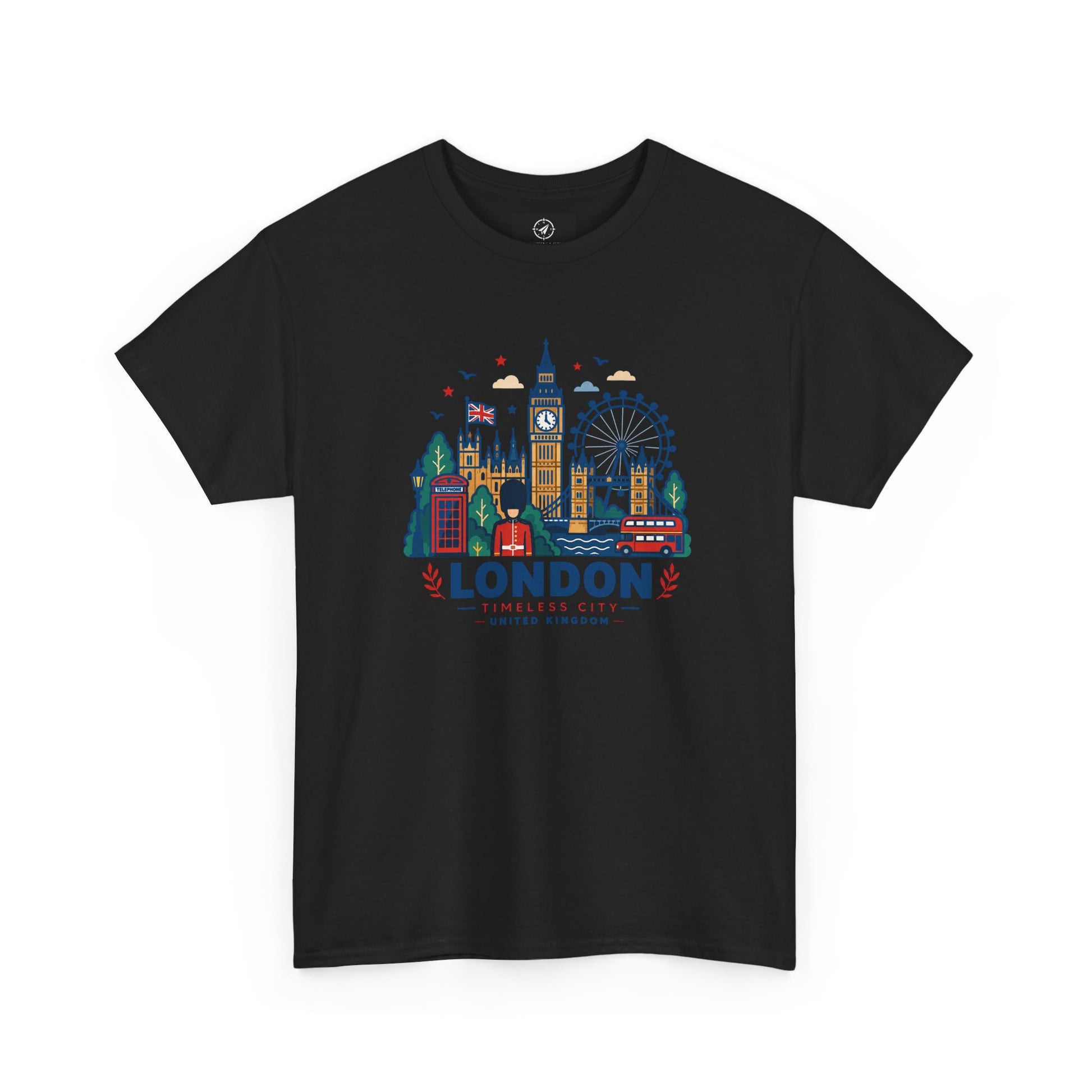 Black crew neck T-shirt with colorful London skyline graphic on the front