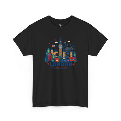 Black crew neck T-shirt with colorful London skyline graphic on the front