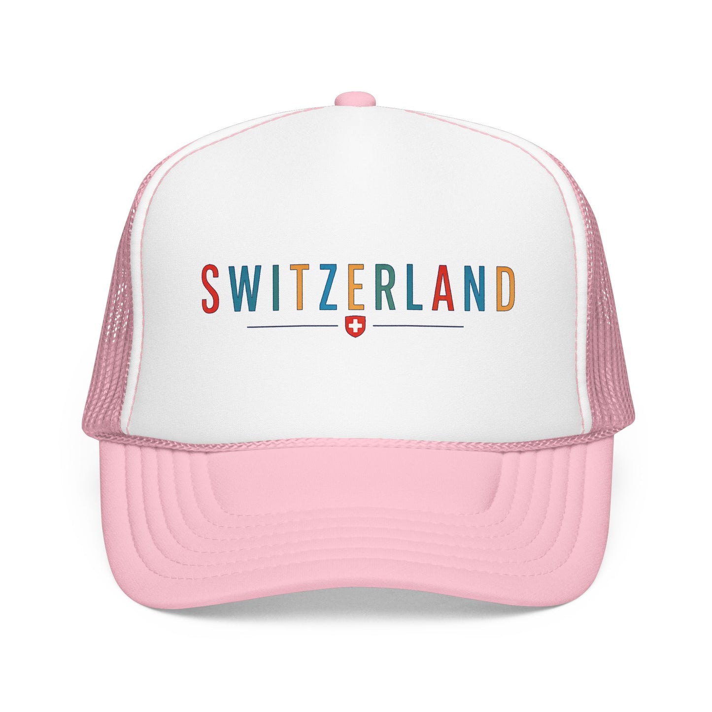 Pink and white foam trucker cap with mesh sides, 'SWITZERLAND' logo on front