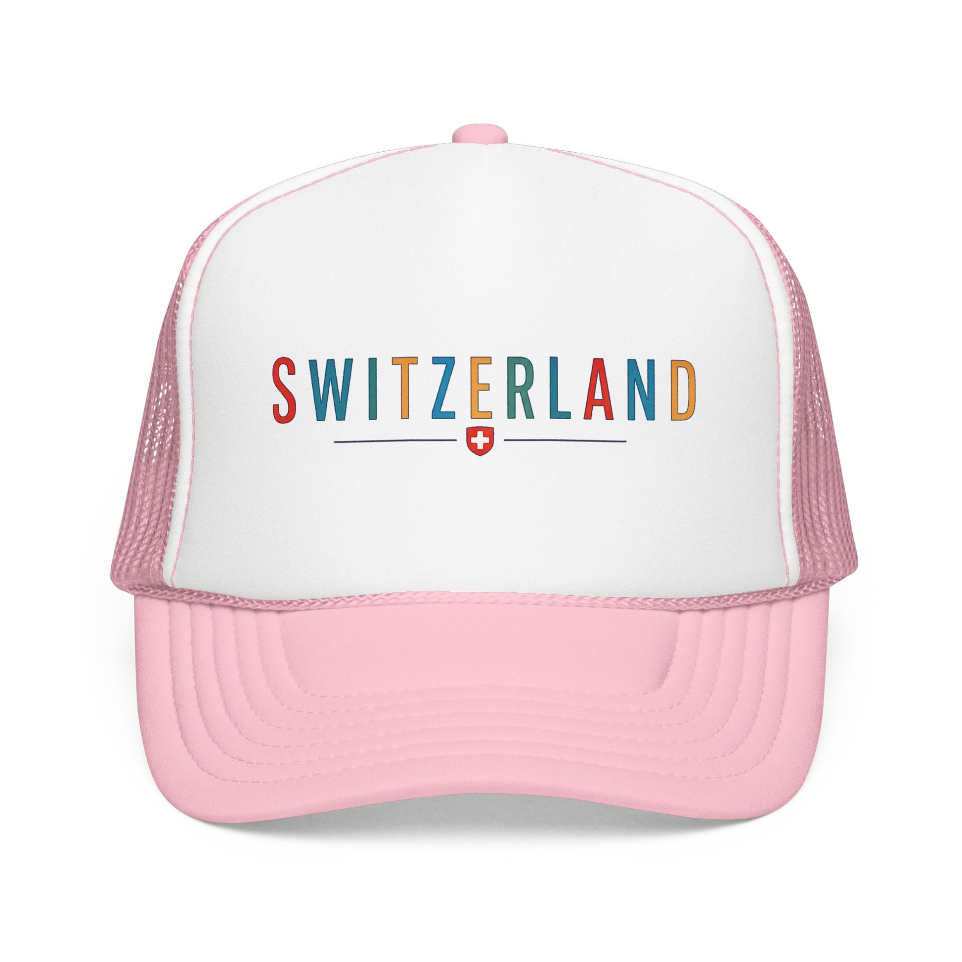 Pink and white foam trucker cap with mesh sides, 'SWITZERLAND' logo on front