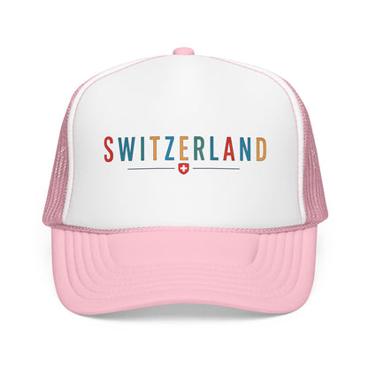 Pink and white foam trucker cap with mesh sides, 'SWITZERLAND' logo on front