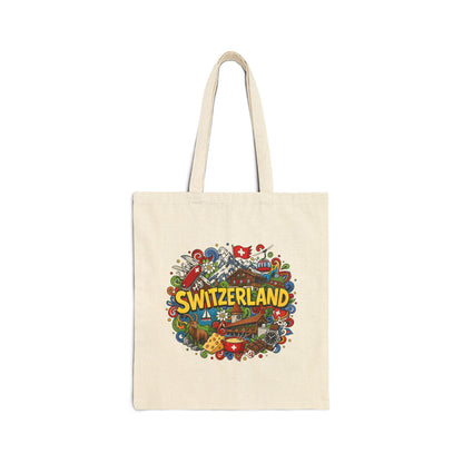 Natural canvas tote bag with colorful Switzerland graphic on the front