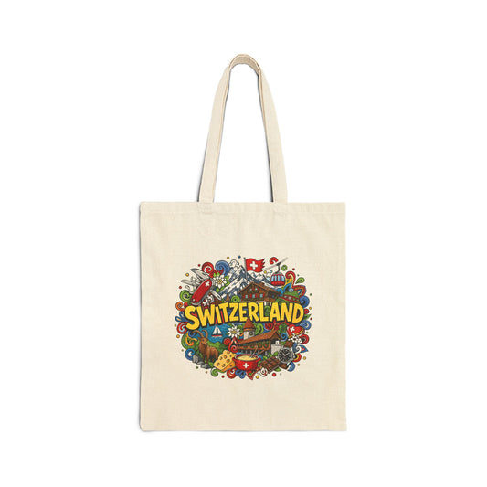 Natural canvas tote bag with colorful Switzerland graphic on the front