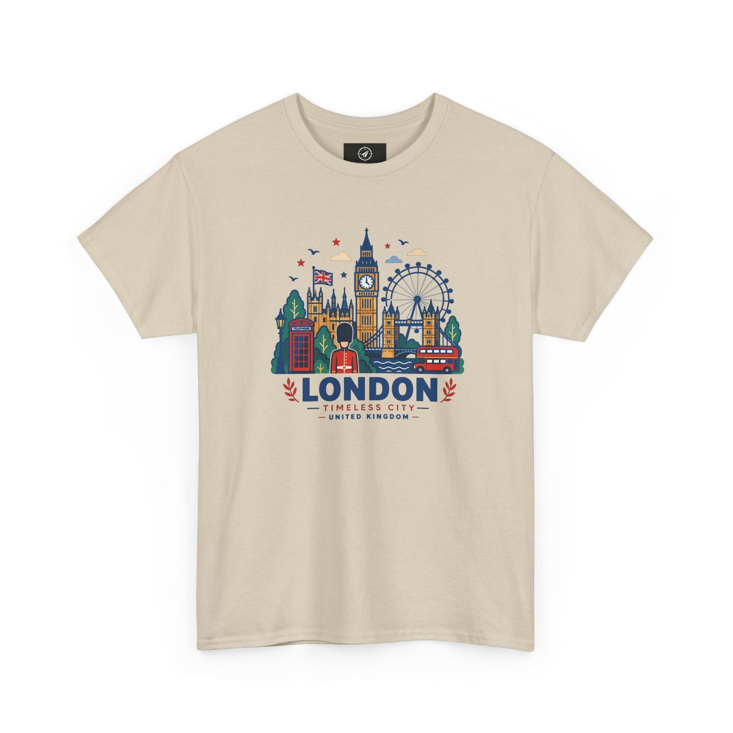 Beige crew neck T-shirt with colorful London skyline graphic on the front