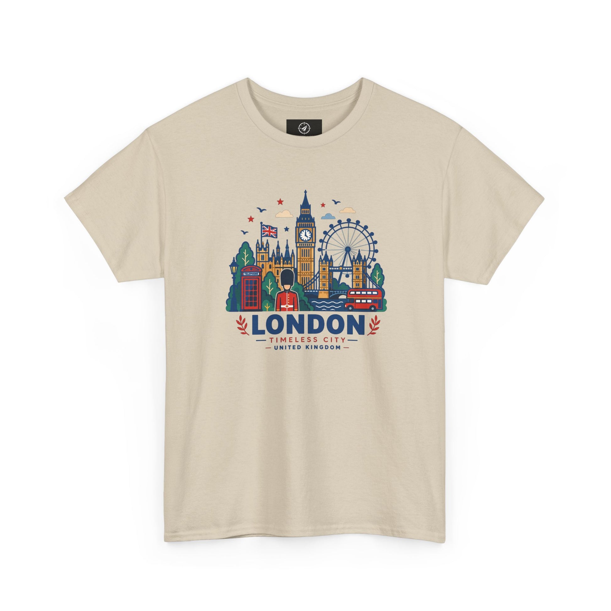 Beige crew neck T-shirt with colorful London skyline graphic on the front