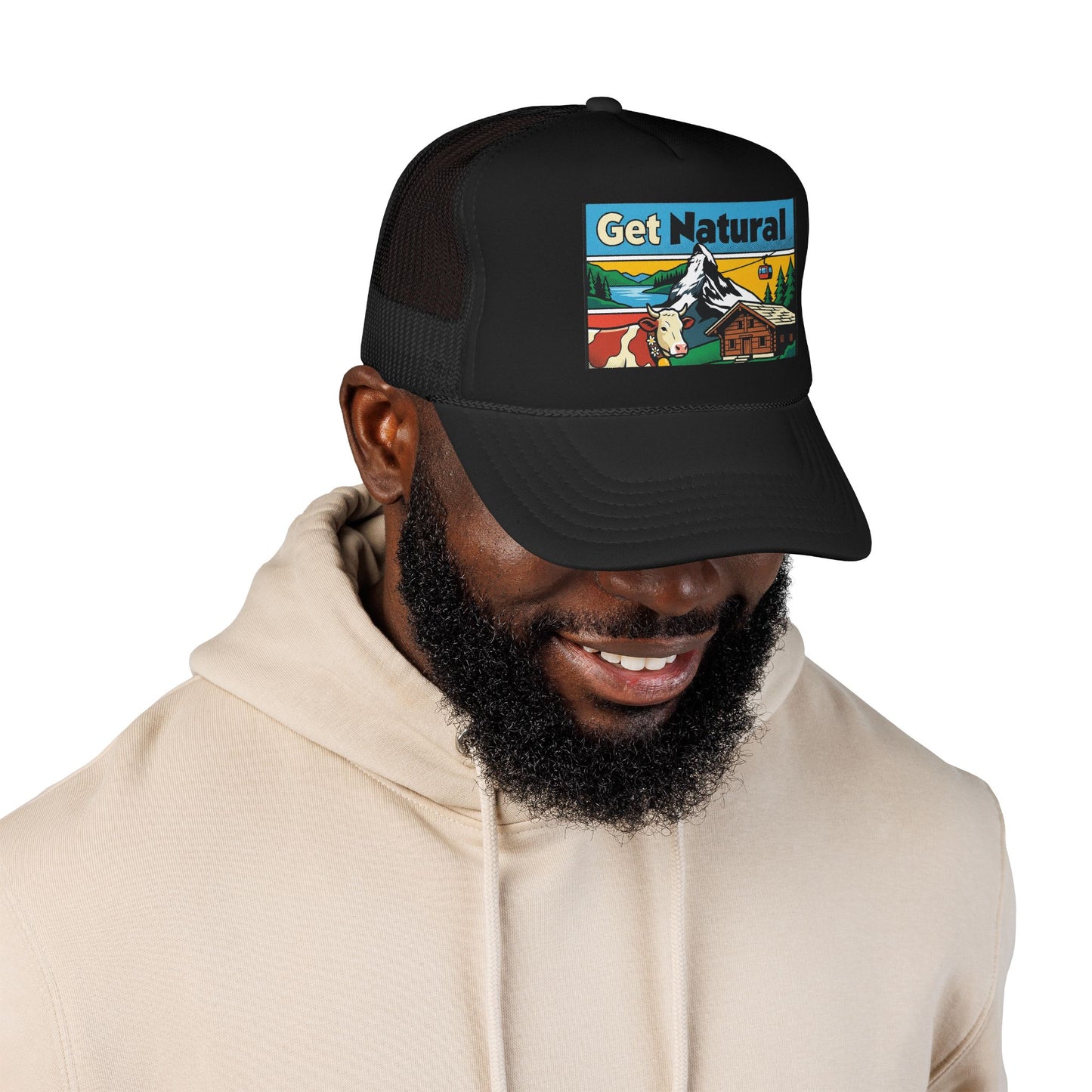 Black trucker hat with Get Natural logo patch on wearer, curved brim