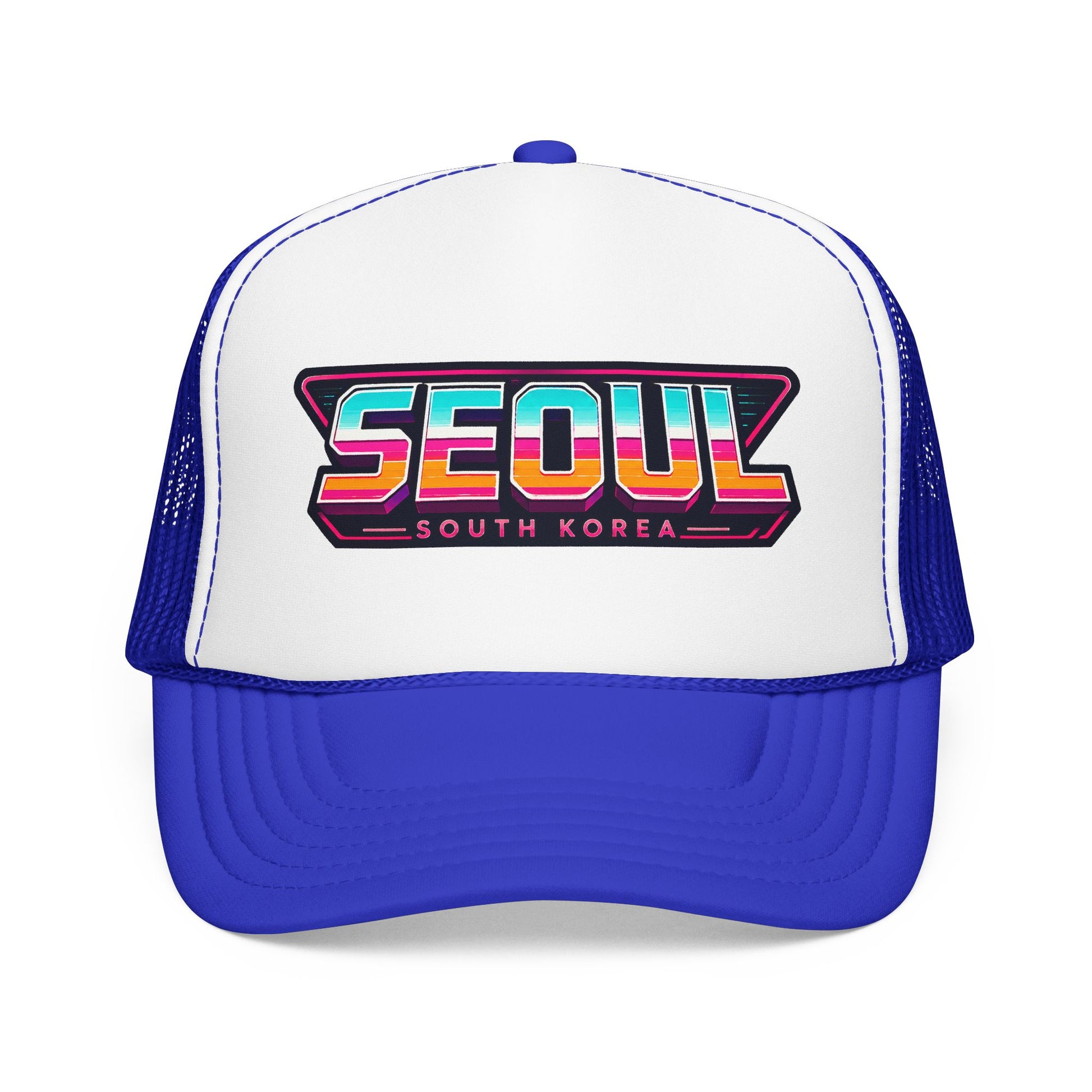 Blue and white trucker hat with embroidered “SEOUL SOUTH KOREA” patch logo