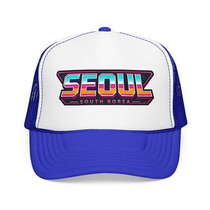 Blue and white trucker hat with embroidered “SEOUL SOUTH KOREA” patch logo