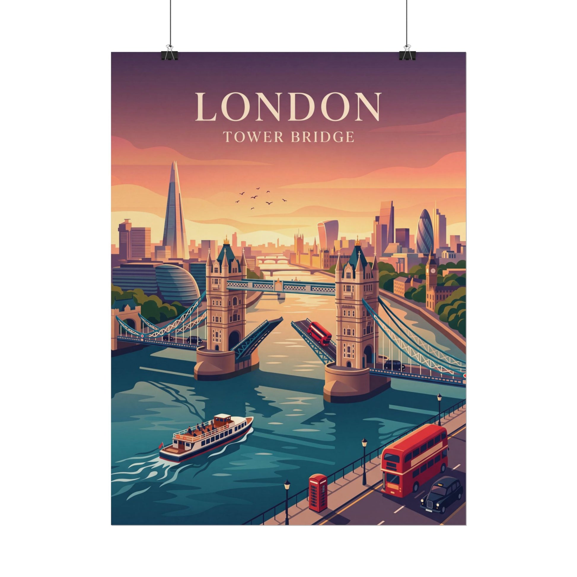 Tower Bridge art poster with riverboats, skyline, and a red double-decker bus.