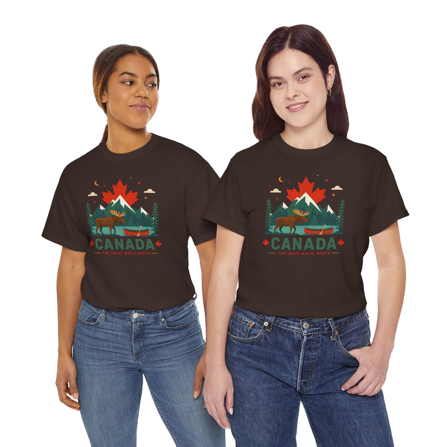 Dark brown crew-neck tee with colorful Canada landscape graphic