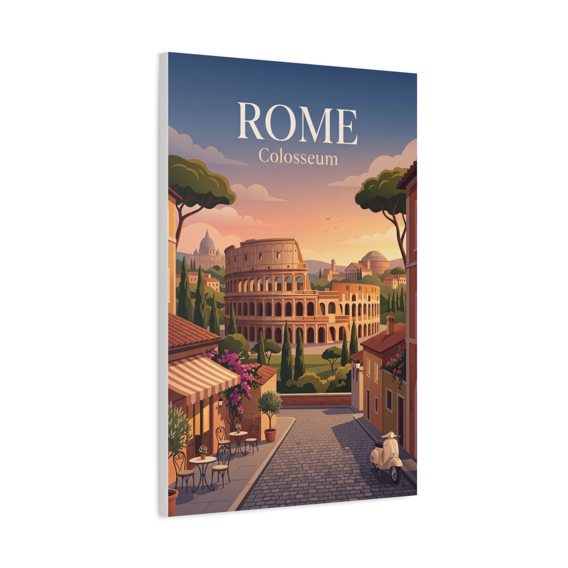 Matte canvas print with 'ROME' title over Colosseum scene, buildings, trees, sunset