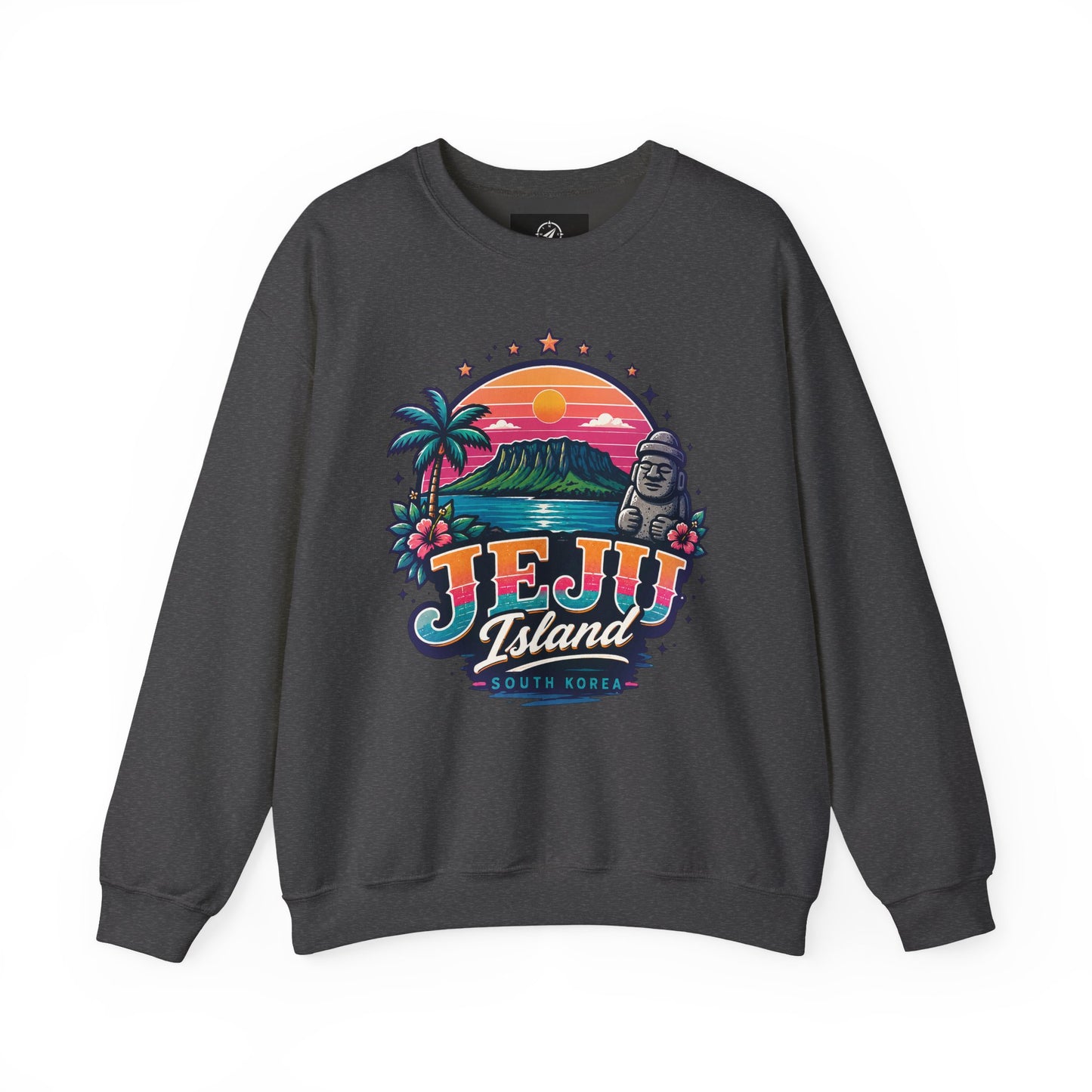 Dark heather graphic sweatshirt with colorful JEJU Island front print
