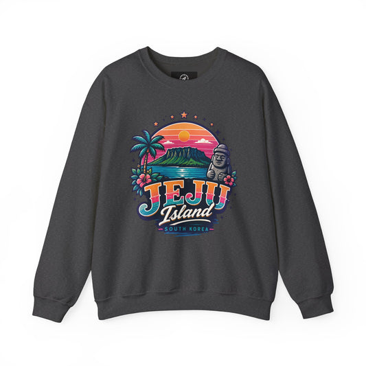 Dark heather graphic sweatshirt with colorful JEJU Island front print