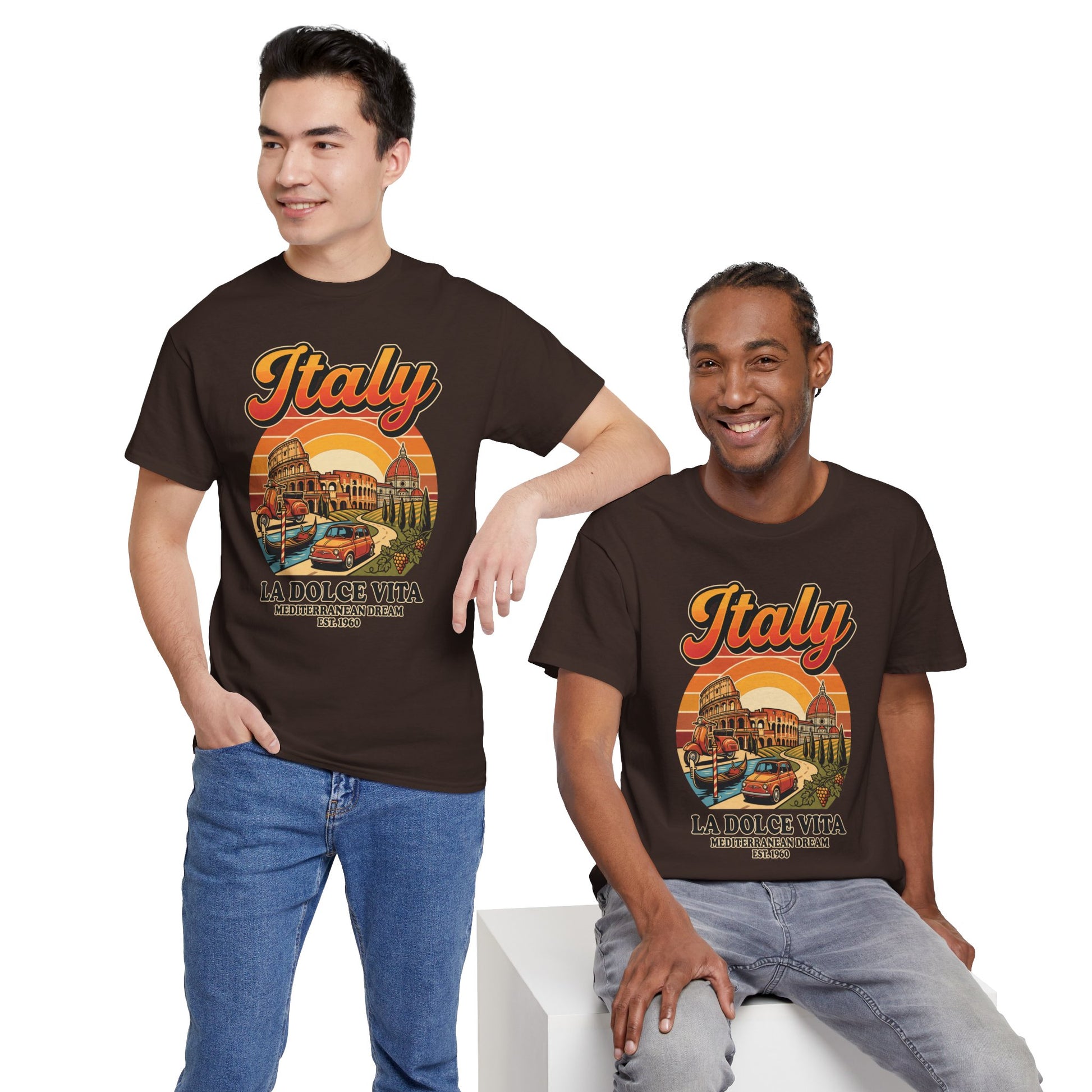 Dark brown vintage Italy graphic T-shirt on two people, front view