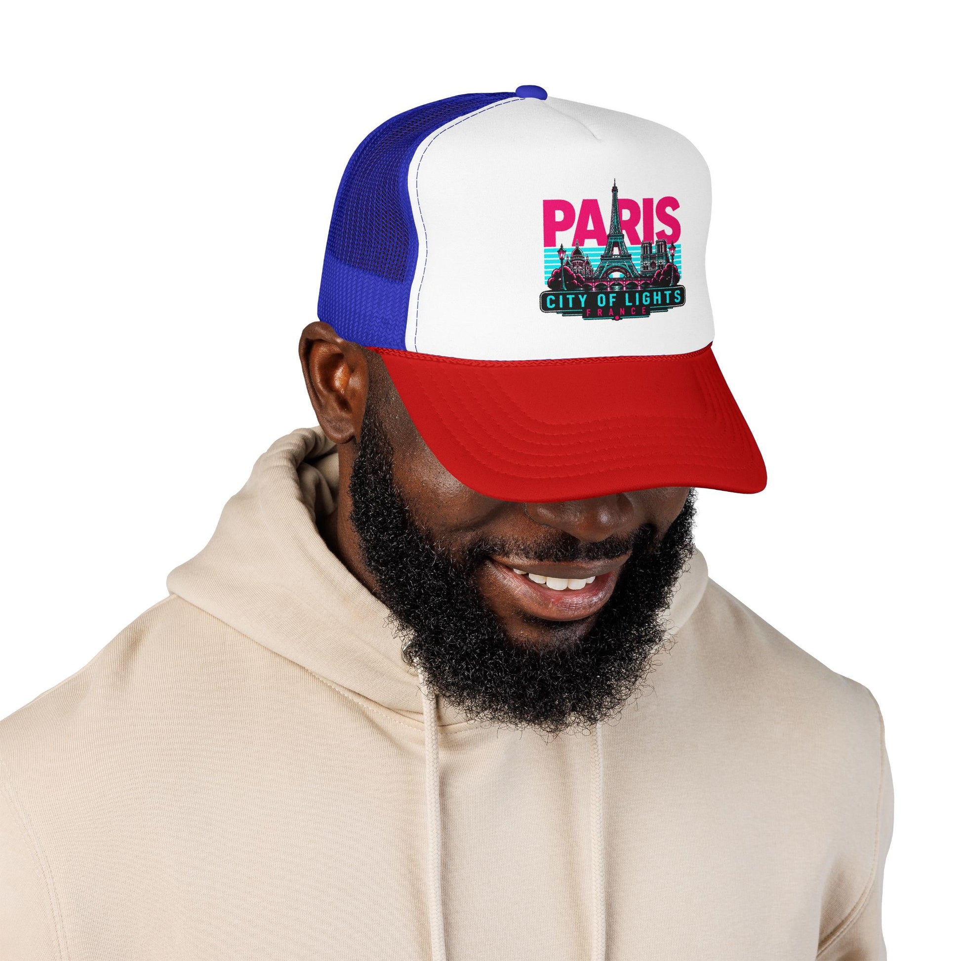 Blue and white trucker hat with red brim, front panel shows Paris City of Lights
