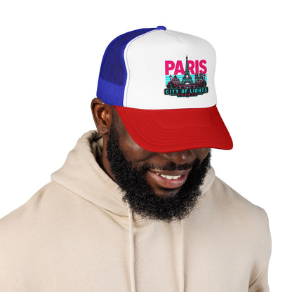 Blue and white trucker hat with red brim, front panel shows Paris City of Lights